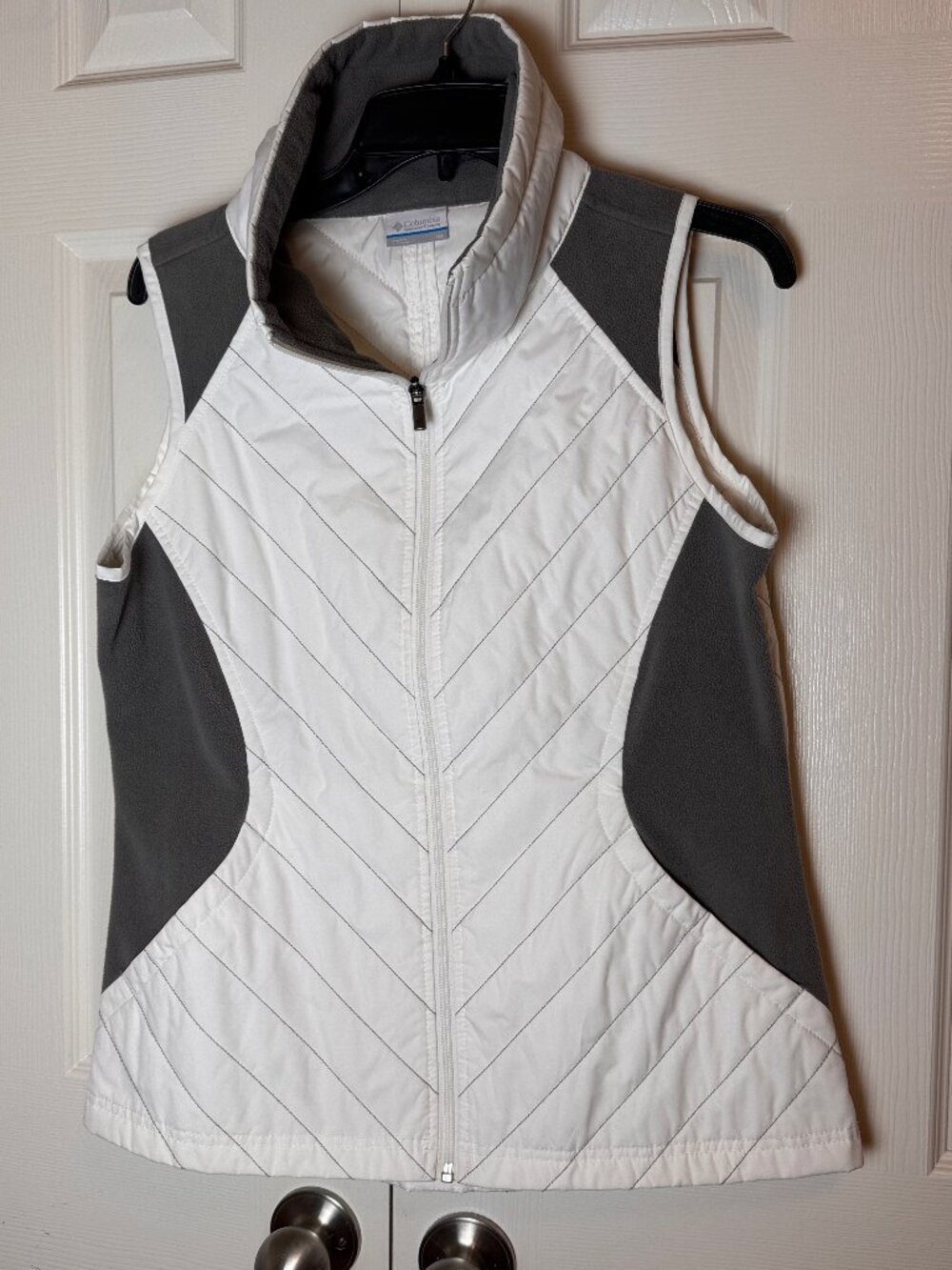 Columbia Womens White Gray Quilted Fleece Full Zip Fitted Thin Vest, Medium